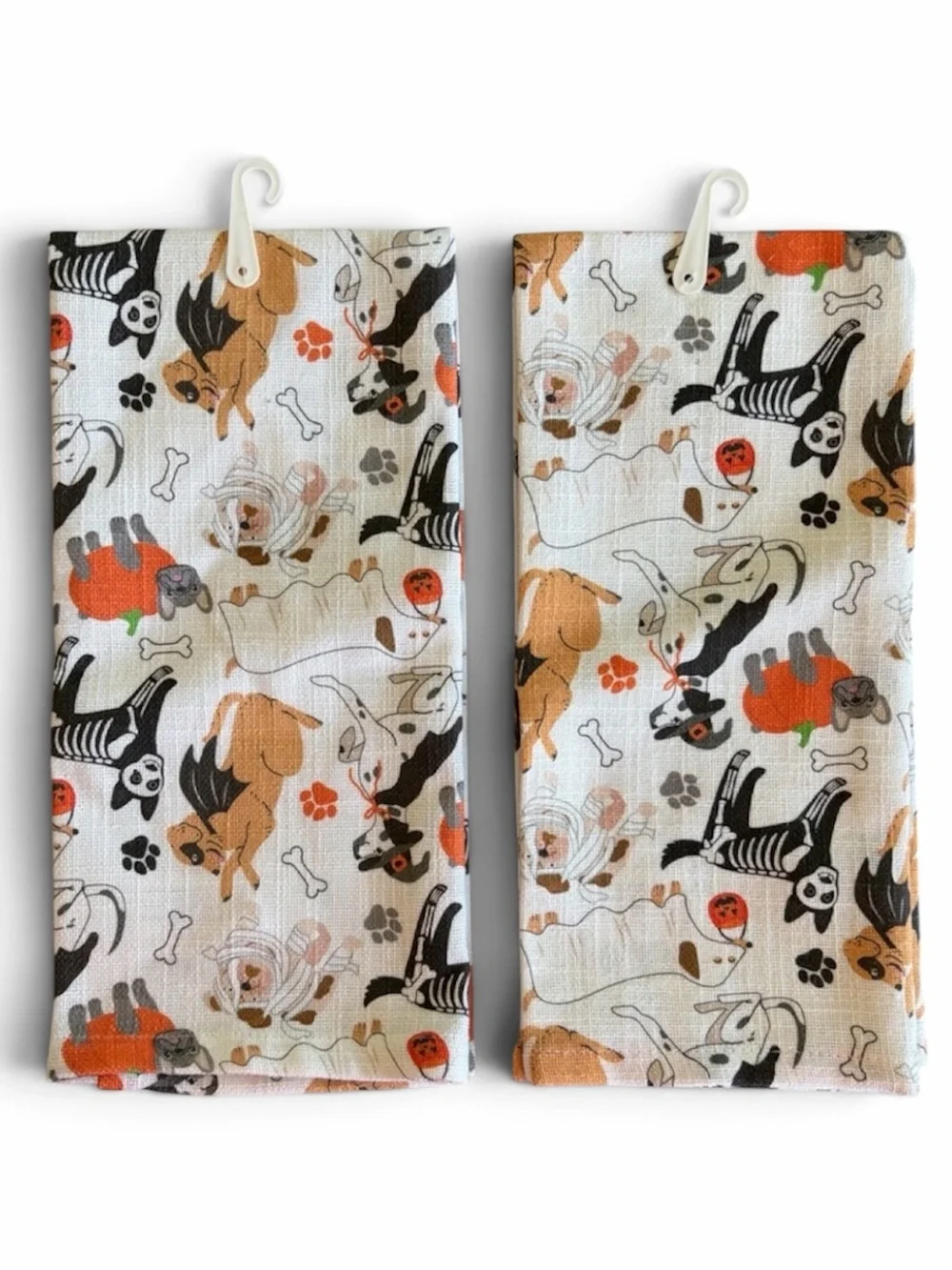 MAKERY Halloween Dog Tea Towels Set of 2 Cotton Kitchen Towels Ghosts Skeletons